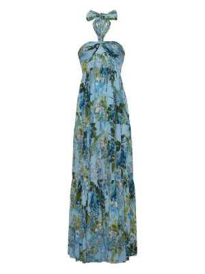 bonnie jean blue dress Strapless White and Blue Floral Print Tiered Long Dress  PollyBoutique