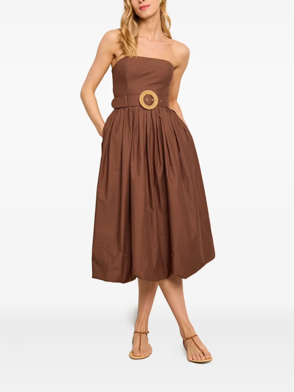 Cara Cara Anisha Belted Strapless Linen Bubble-hem Midi Dress In Brown