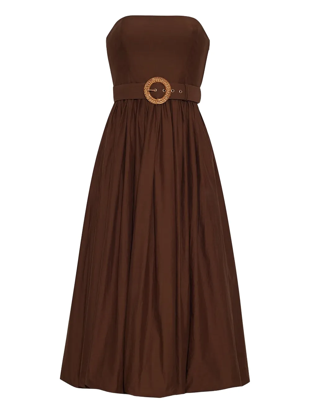 Cara Cara Anisha Belted Strapless Linen Bubble-hem Midi Dress In Brown
