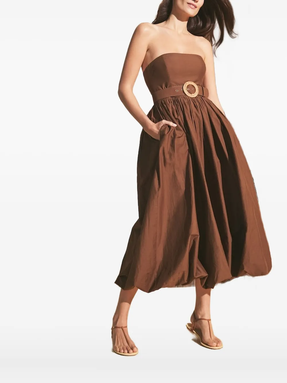 Cara Cara Anisha Belted Strapless Linen Bubble-hem Midi Dress In Brown