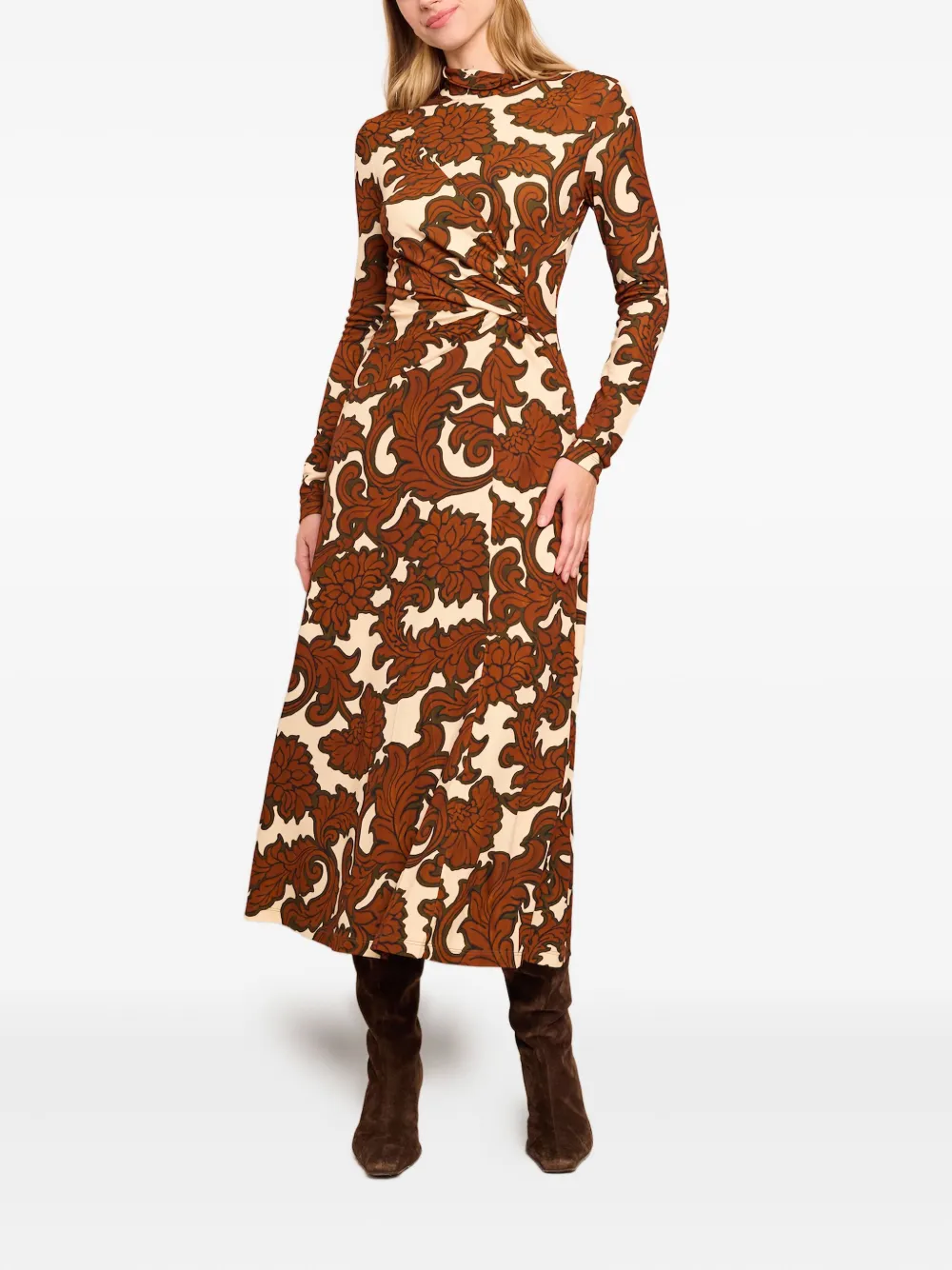 Cara Cara Jurk met bloemenprint en col - Bruin