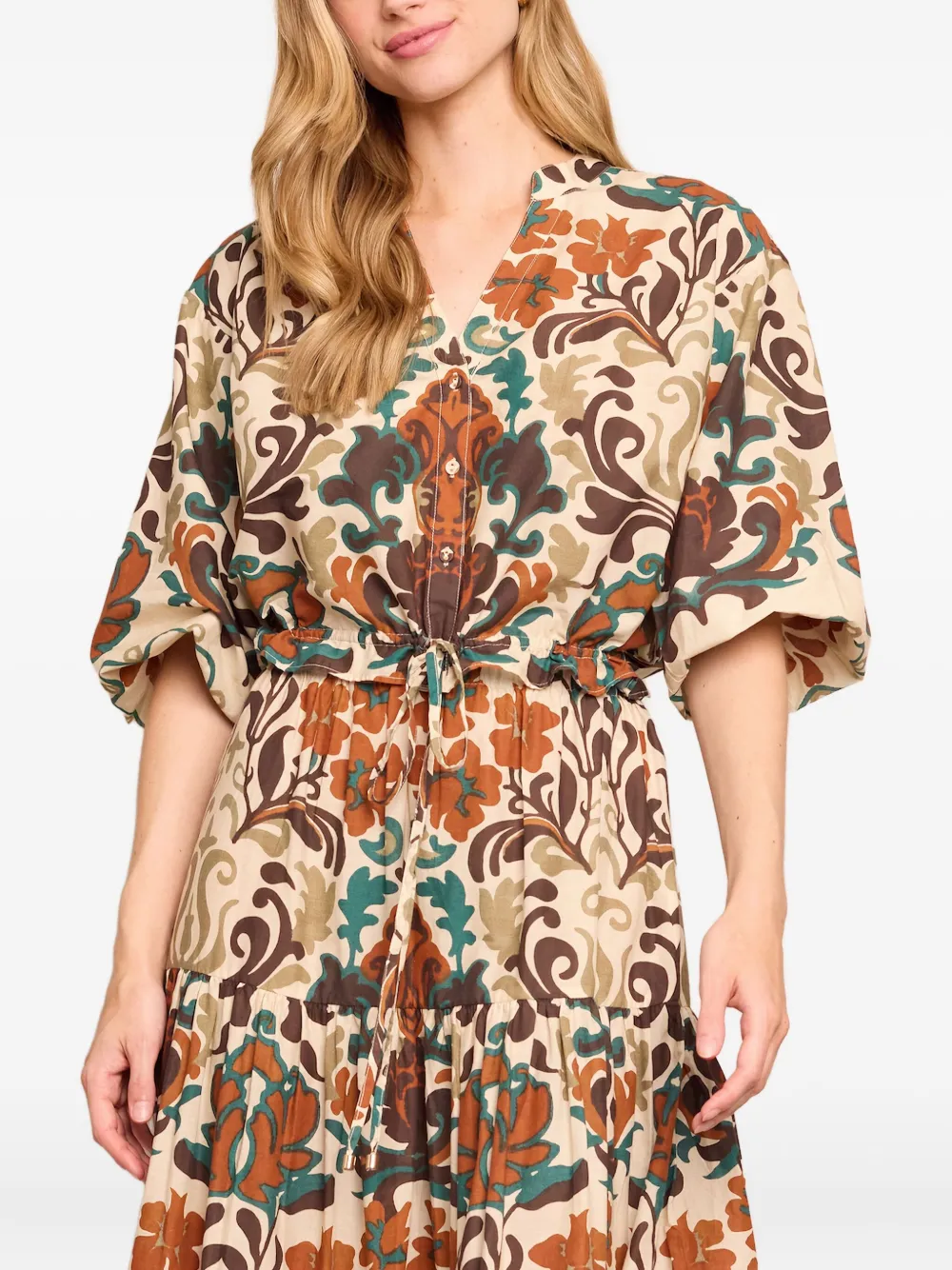 Cara Cara Top met trekkoord en damaskprint - Beige
