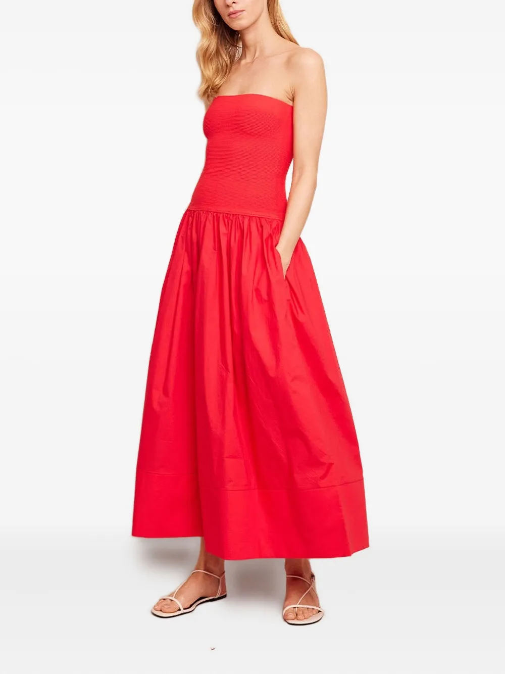 Cara Cara Glasbury Strapless Drop-waist Midi Dress In Red
