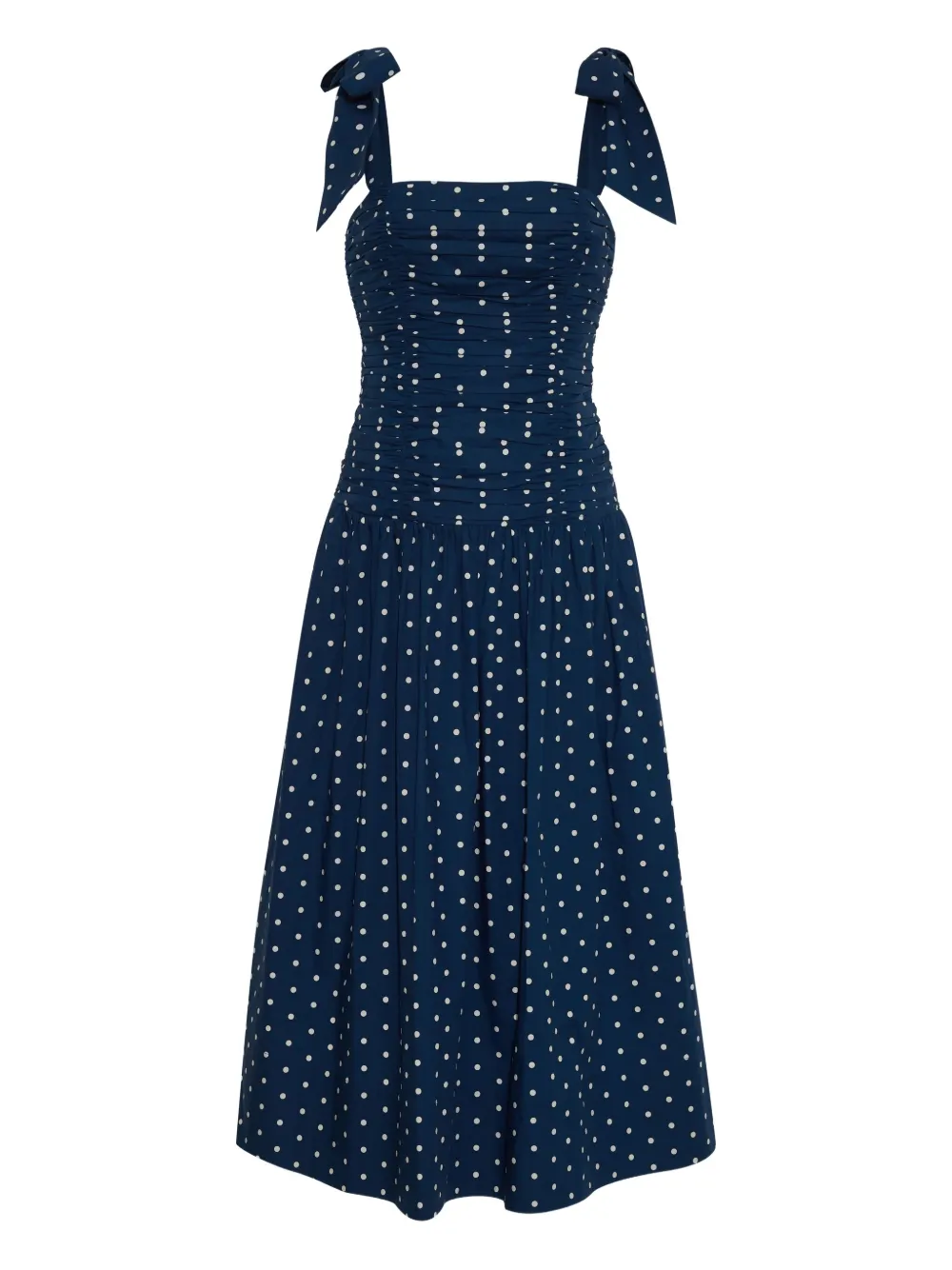 Cara Cara Rahi Tie-detailed Ruched Gathered Polka-dot Cotton Midi Dress In Blue