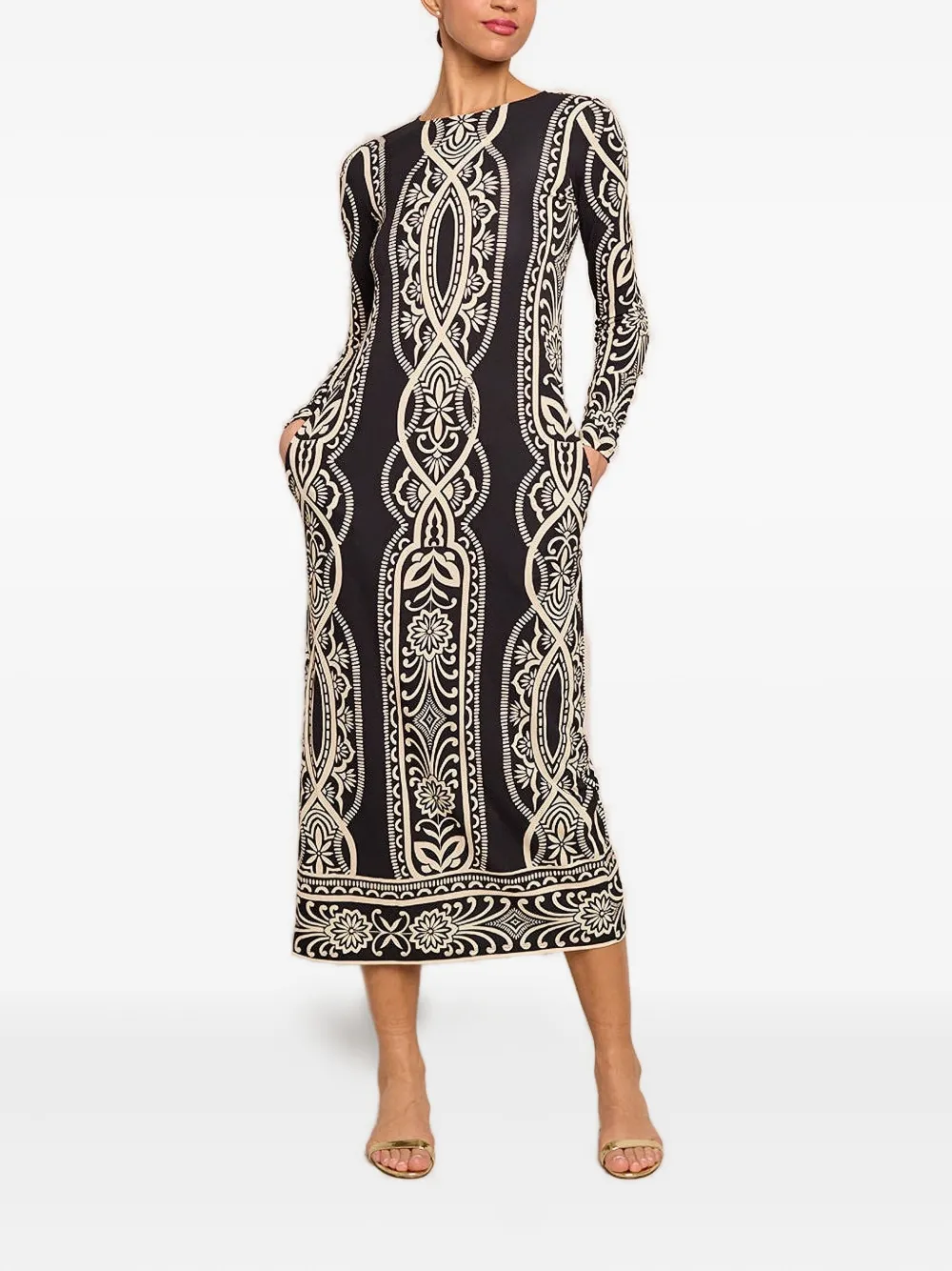  Cara Cara Long-sleeve Patterned Midi Dress - Black 