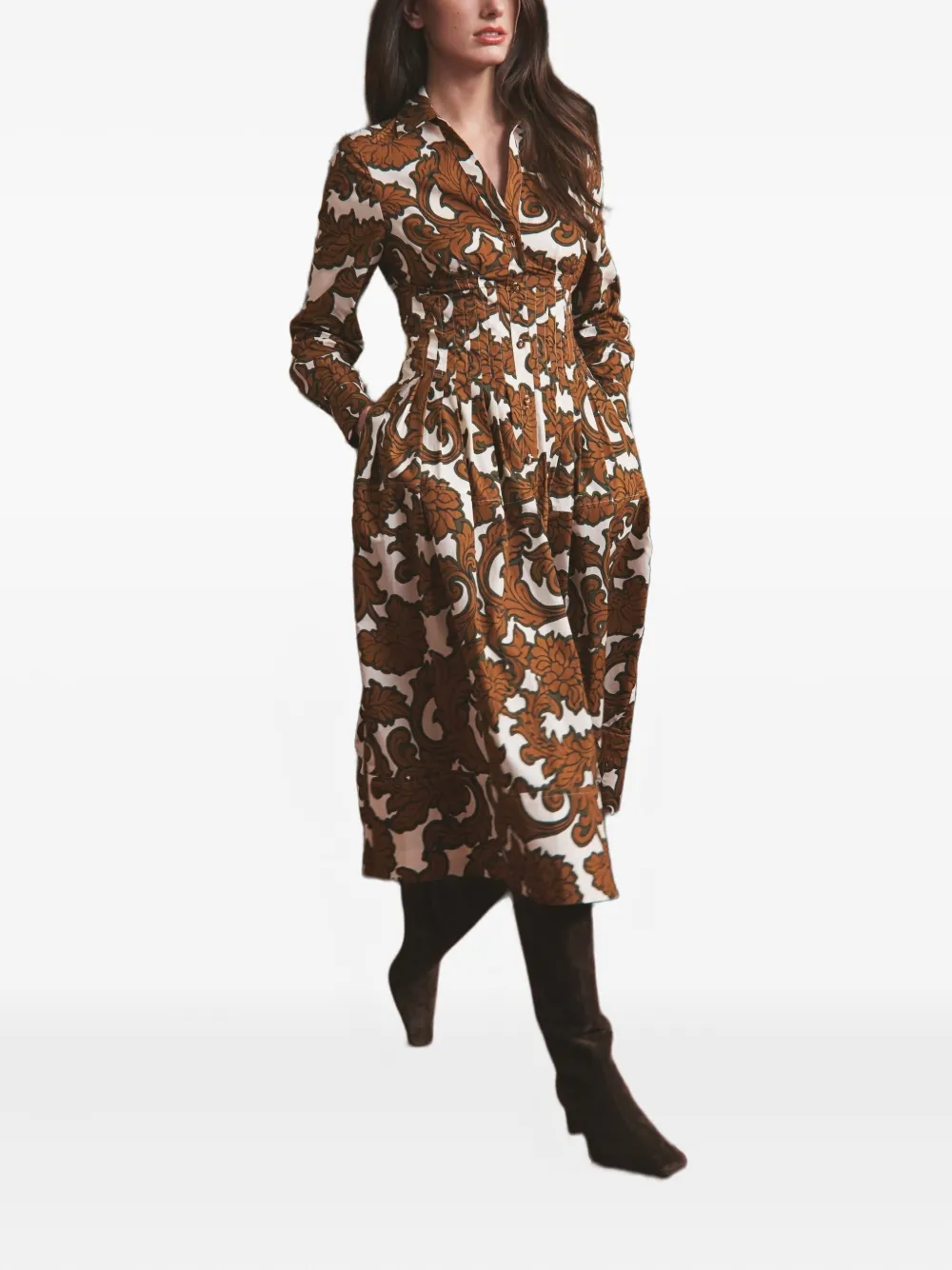 Cara Geplooide jurk met bloemenprint Bruin