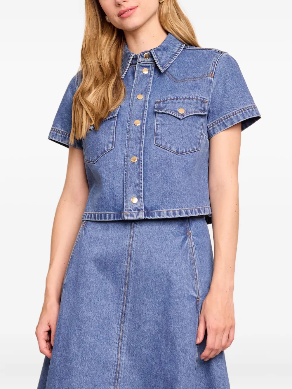  Cara Cara Collared Denim Crop Top - Blue 