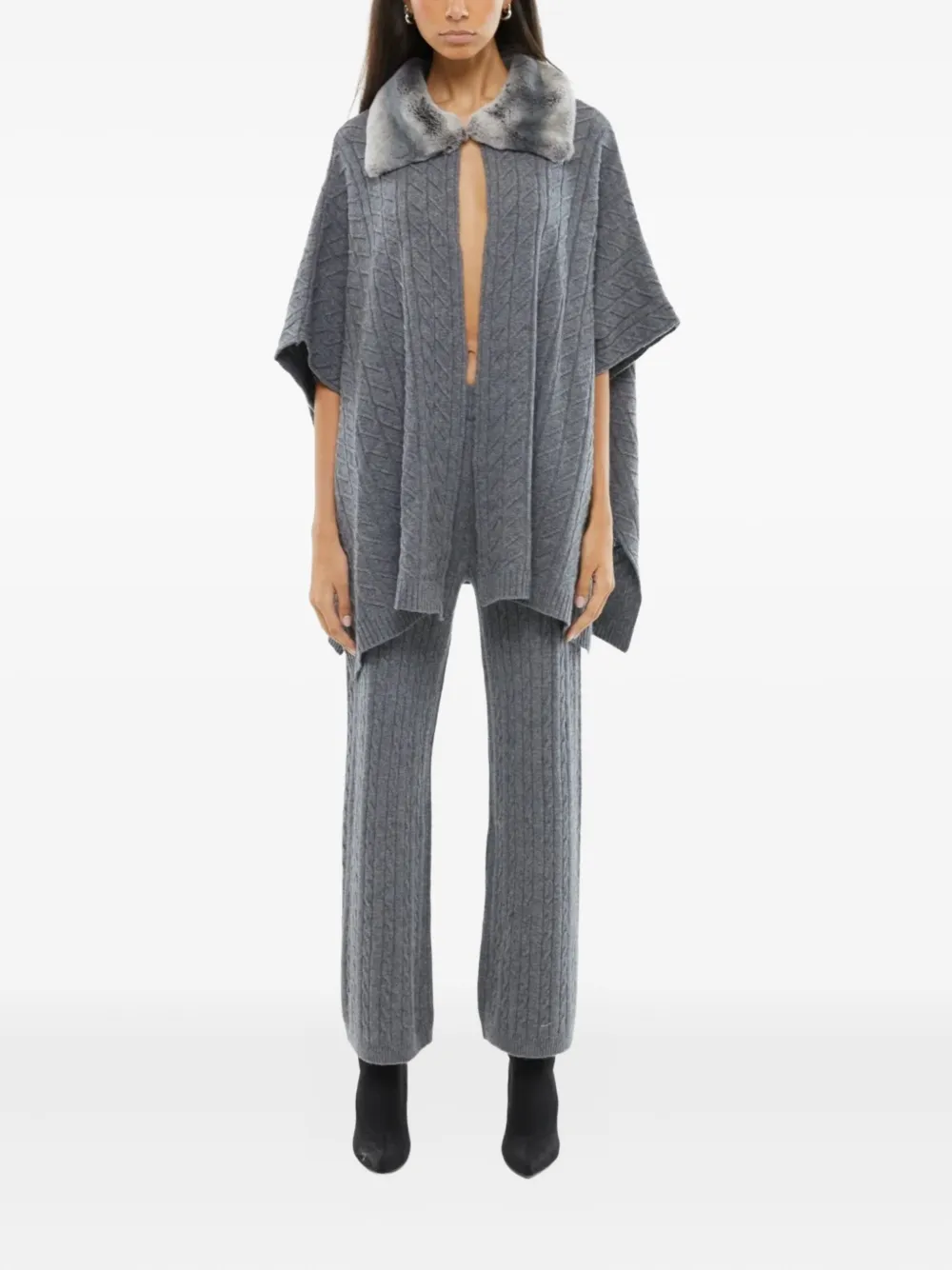 Izaak Azanei Shearling-collar Cable-knit Poncho In Gray