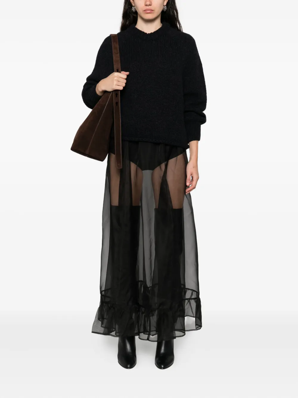 The Garment Zijden midi-rok met ruches - Zwart