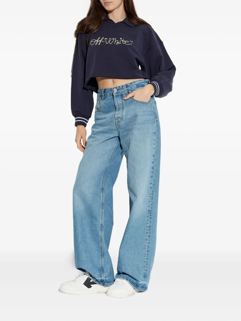 Off-white Cropped Polo Collar Knit Sweatshirt In Blue