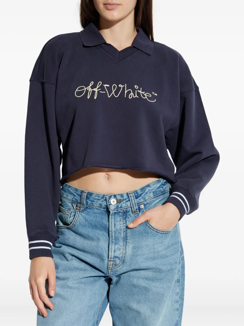 Off-white Cropped Polo Collar Knit Sweatshirt In Blue