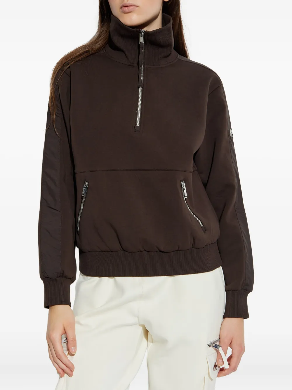 Moose Knuckles Mix Media Quarter-zip Sweatshirt In Brown