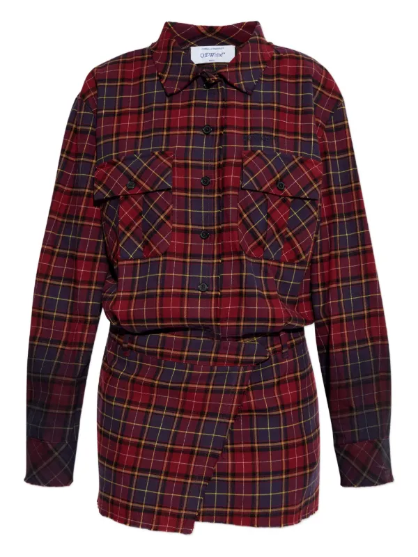 Off-White Checked Shirt Dress in Red