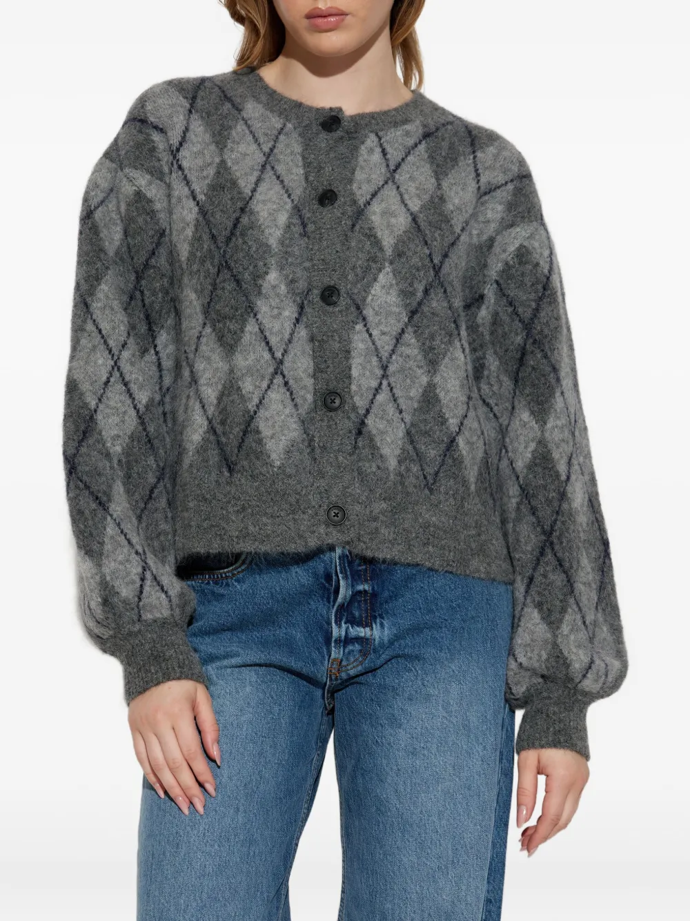 Gestuz Argyle-check Cardigan In Gray
