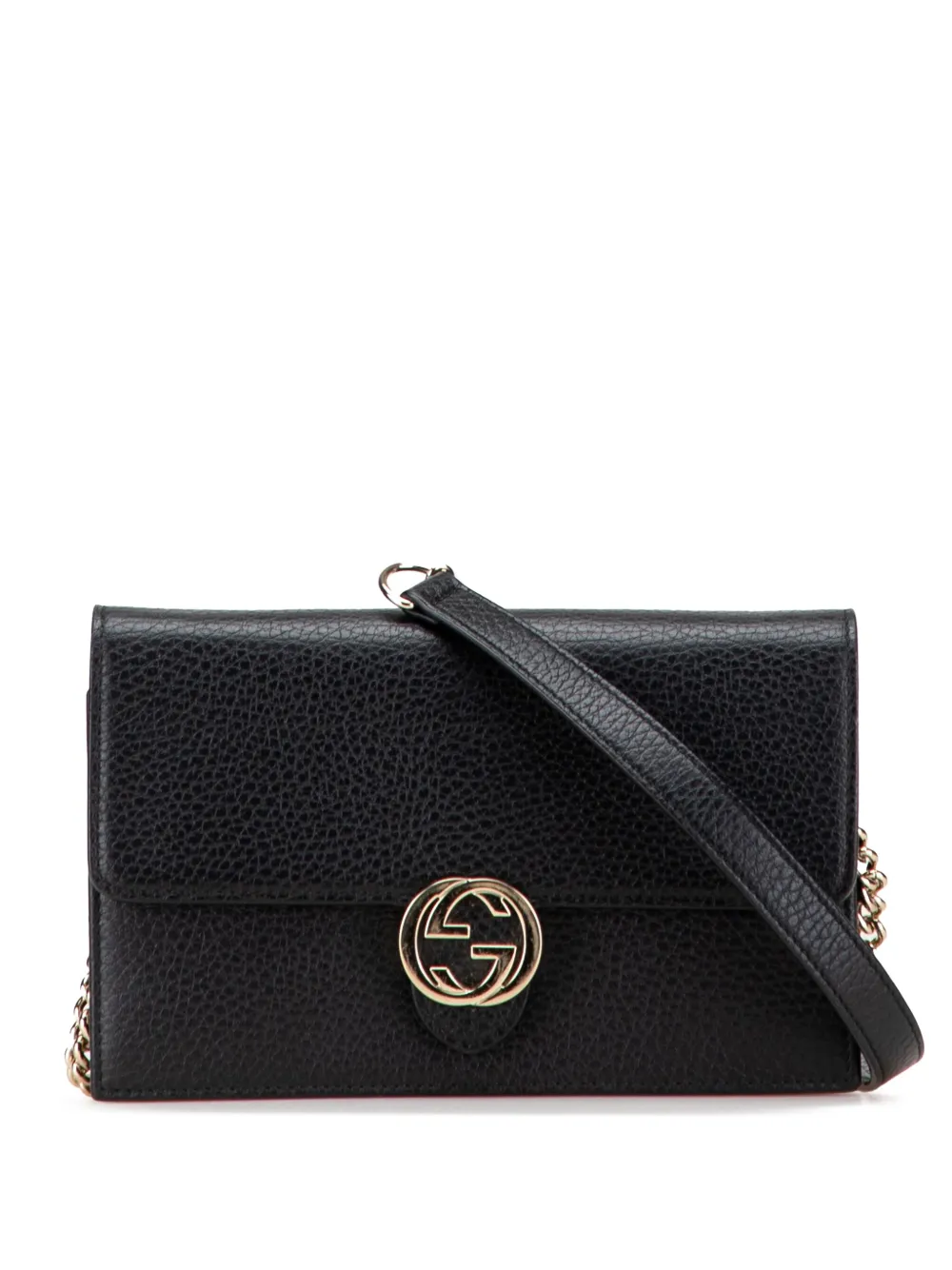 Pre-owned Gucci 2000-2015 Leather Interlocking G Dollar Wallet On Chain Crossbody Bag In Black