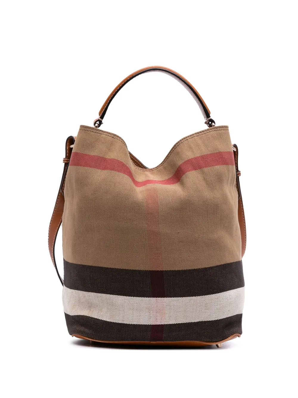 Pre-owned Burberry 2000-2017 Medium Mega Check Canvas Ashby Bucket Bag Satchel In Brown