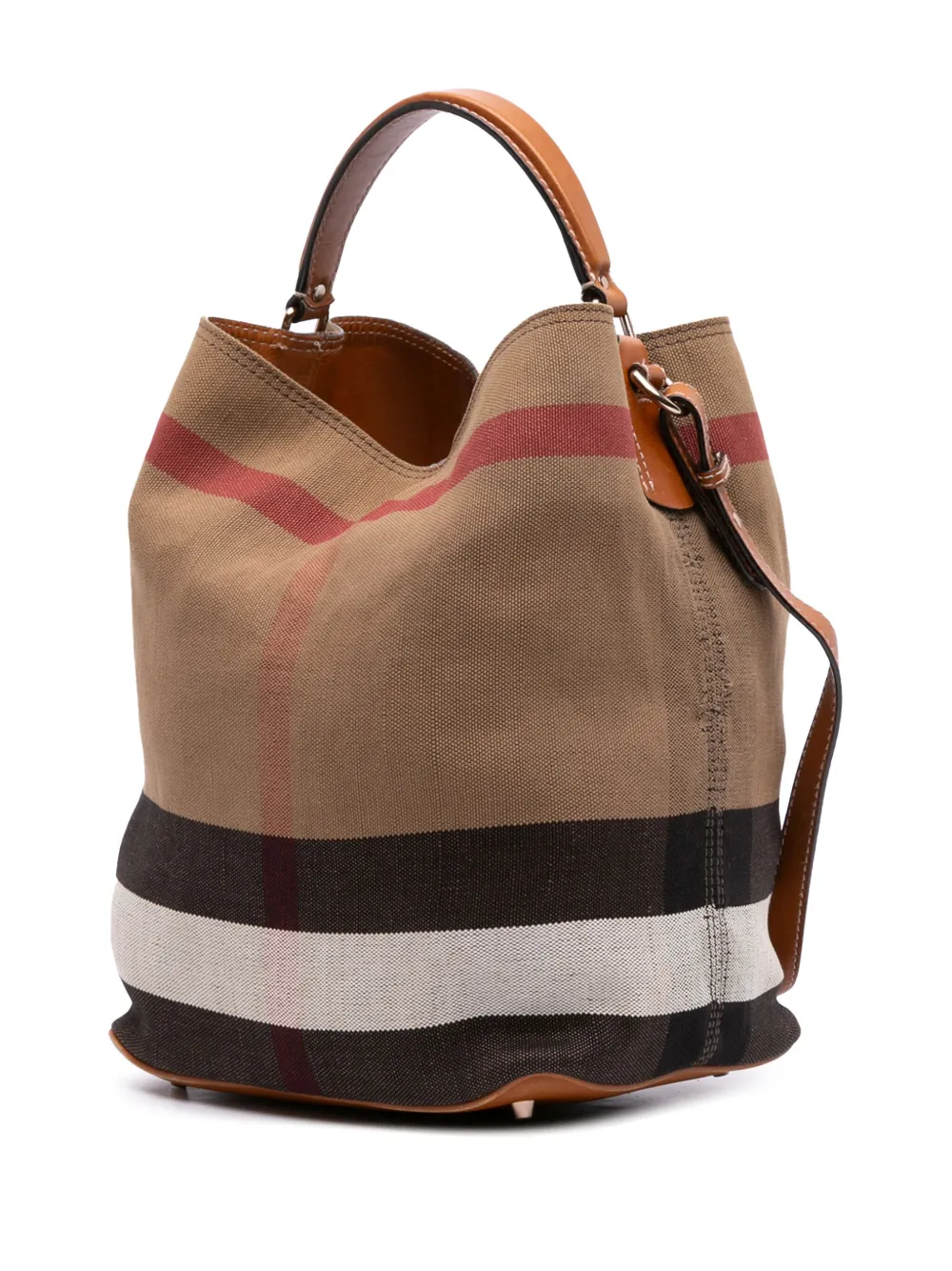 Pre-owned Burberry 2000-2017 Medium Mega Check Canvas Ashby Bucket Bag Satchel In Brown