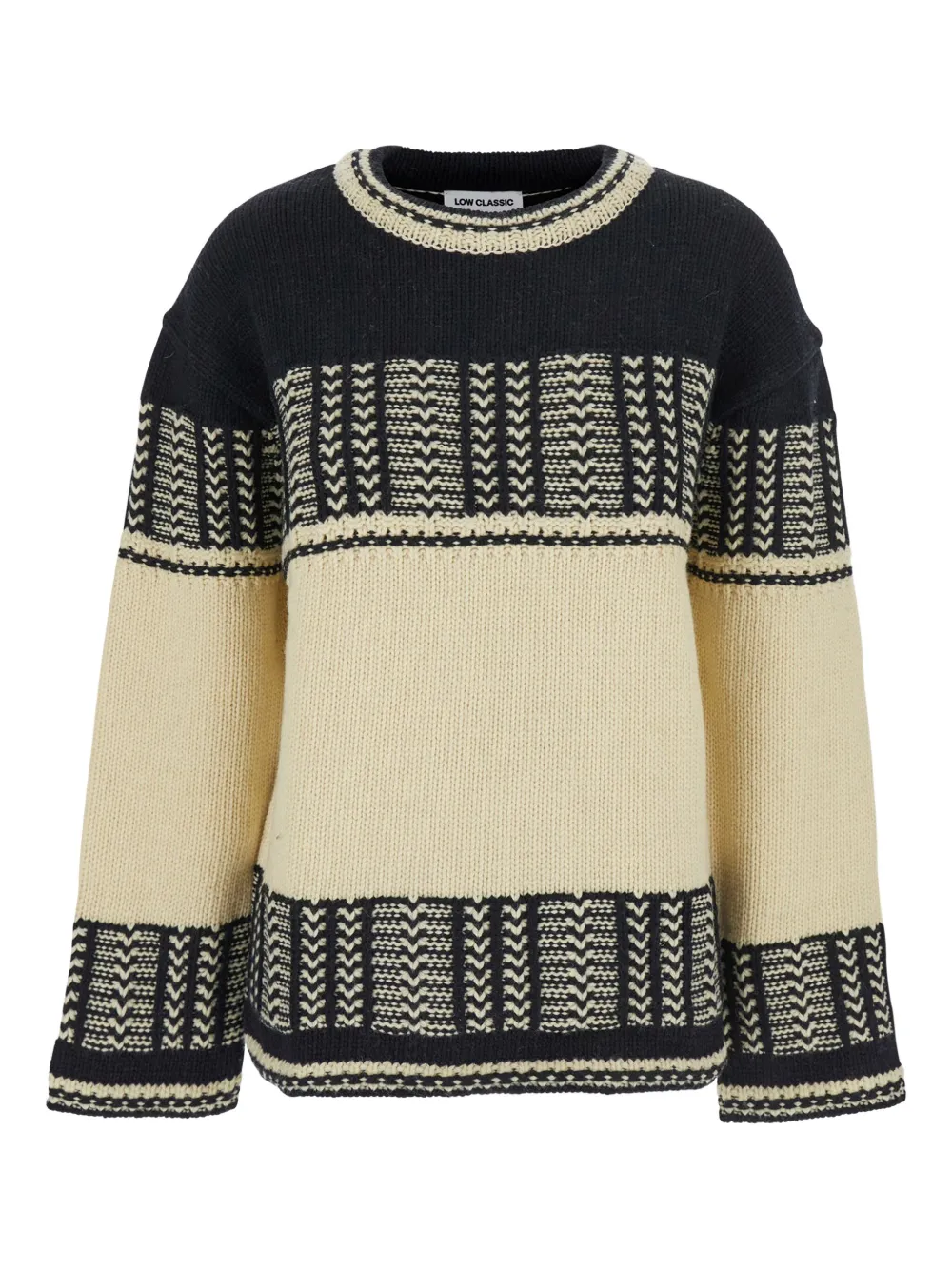 Low Classic Black And White Crew Neck Sweaterwith All-over Intarsia In Wool Woman In Neutral