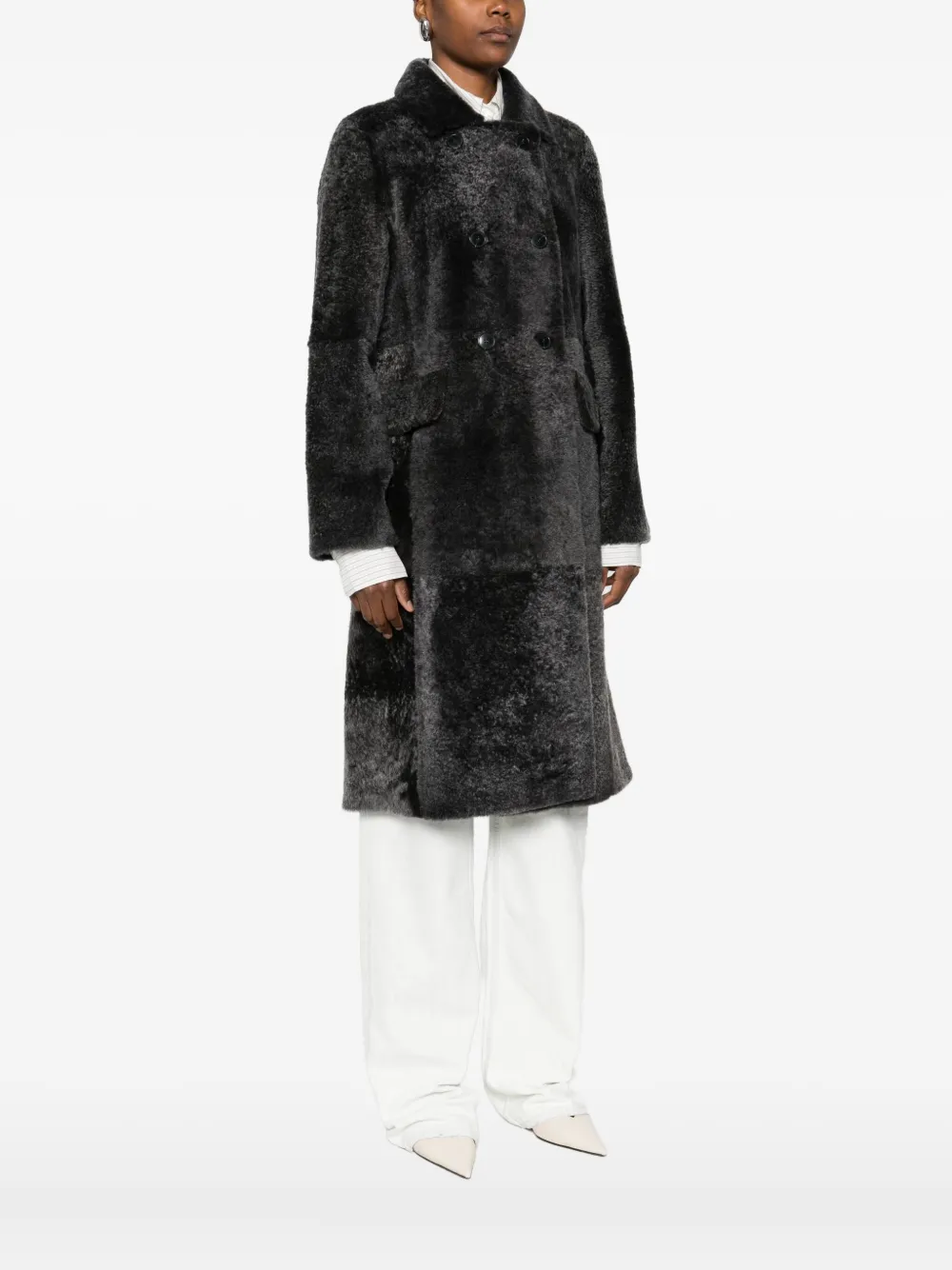 Yves Salomon Sheepskin Double-breasted Pocketed Coat In Black