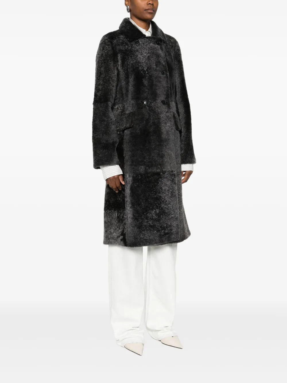 Yves Salomon Lammy jas met dubbele rij knopen en zakken Zwart