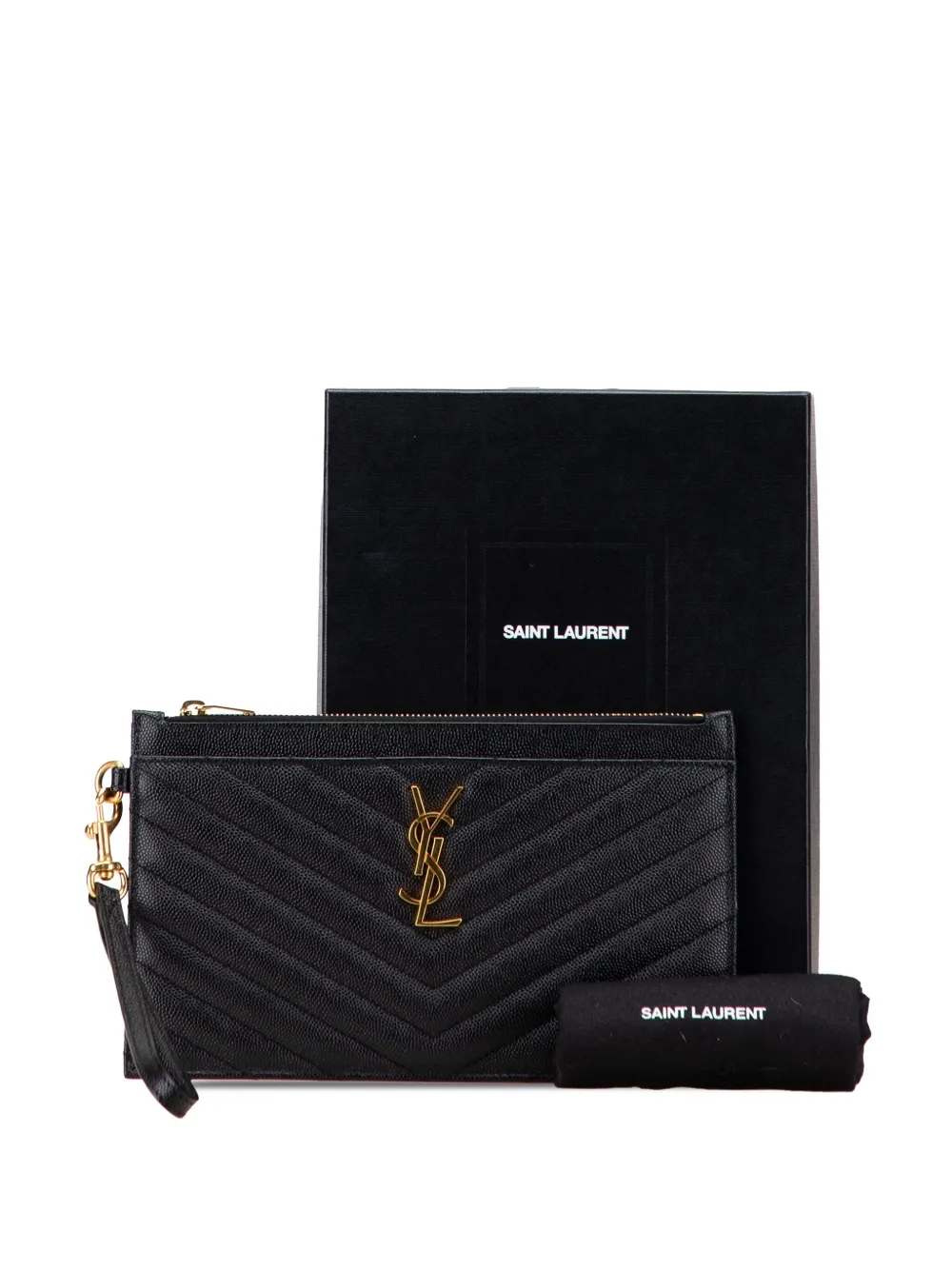 Pre-owned Saint Laurent 2020 Large Grain De Poudre Chevron Monogram Bill Pouch In Black