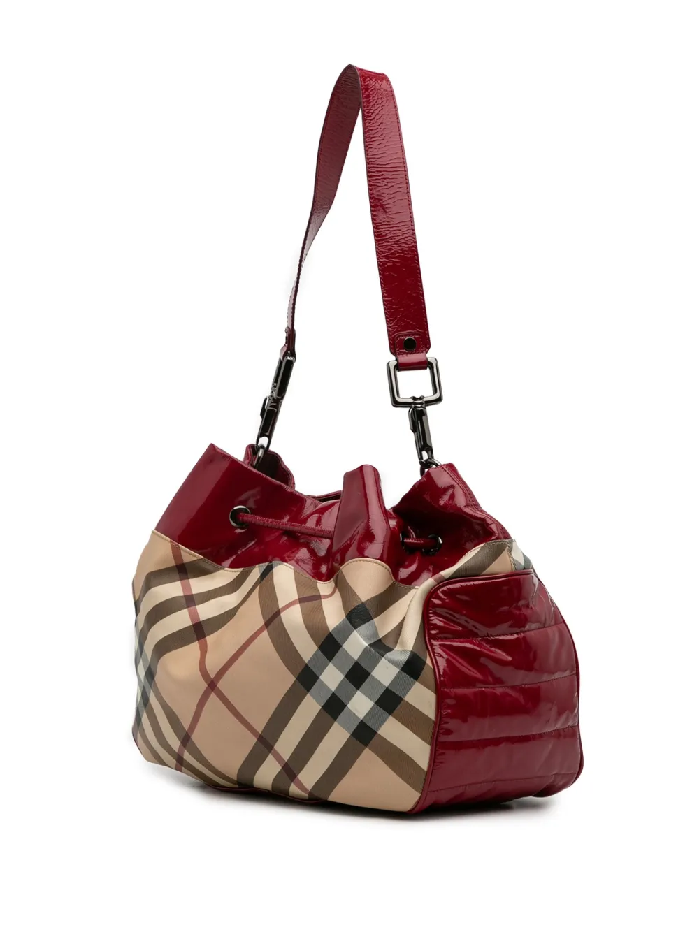 Pre-owned Burberry 2000-2017 Patent Trimmed Supernova Check Coated Canvas Shoulder Bag In Brown