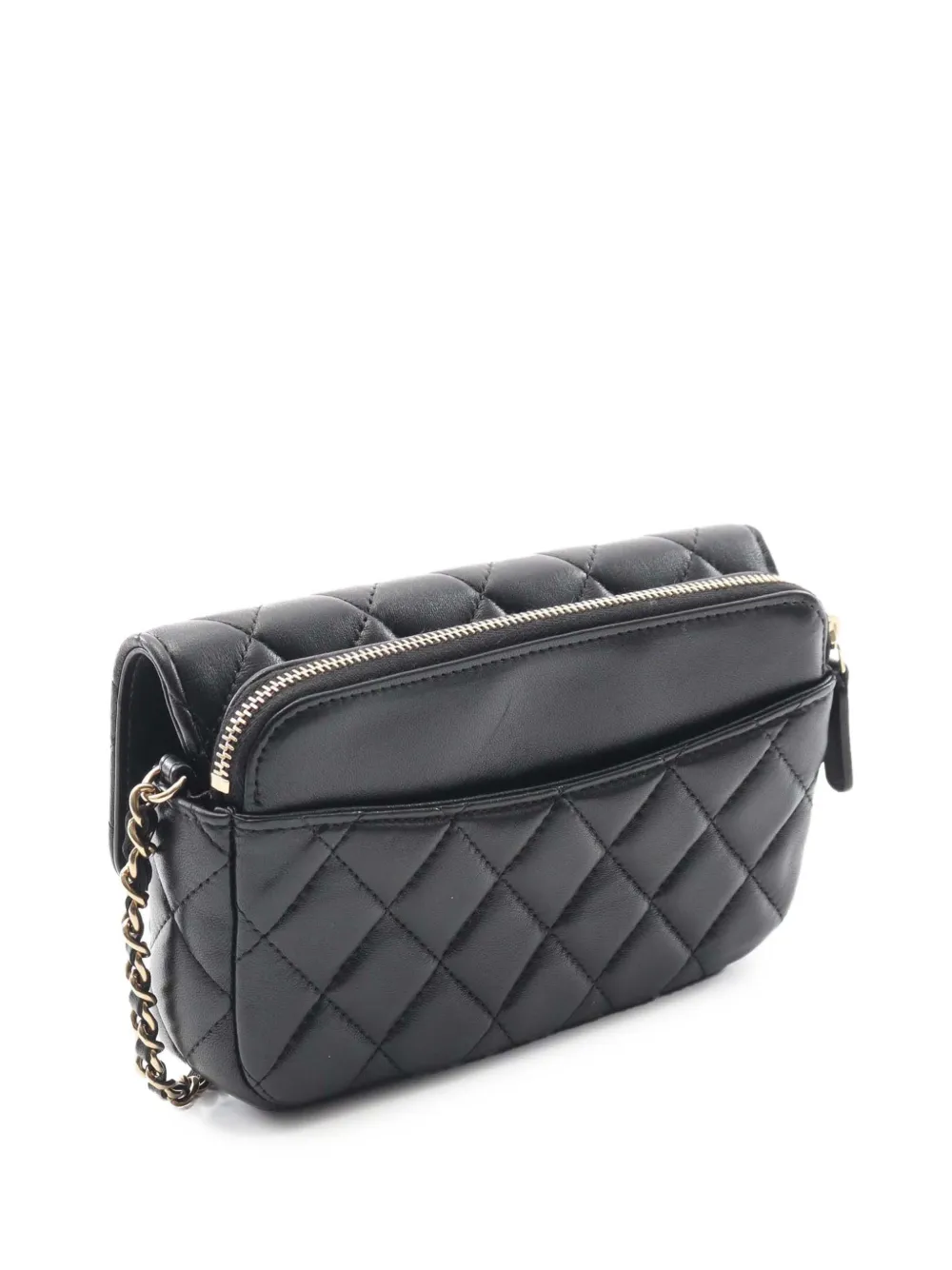Pre-owned Chanel 2021-2025 Cc Quilted Lambskin Flap Phone Holder Wallet On Chain Crossbody Bag In Black