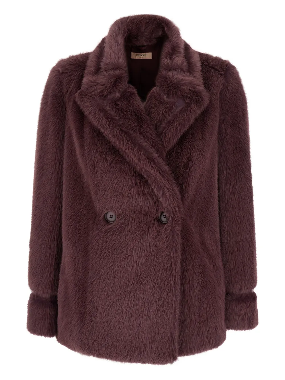 Twinset Violet Double-breasted Coat With Peak Revers In Ecofur Woman In Brown