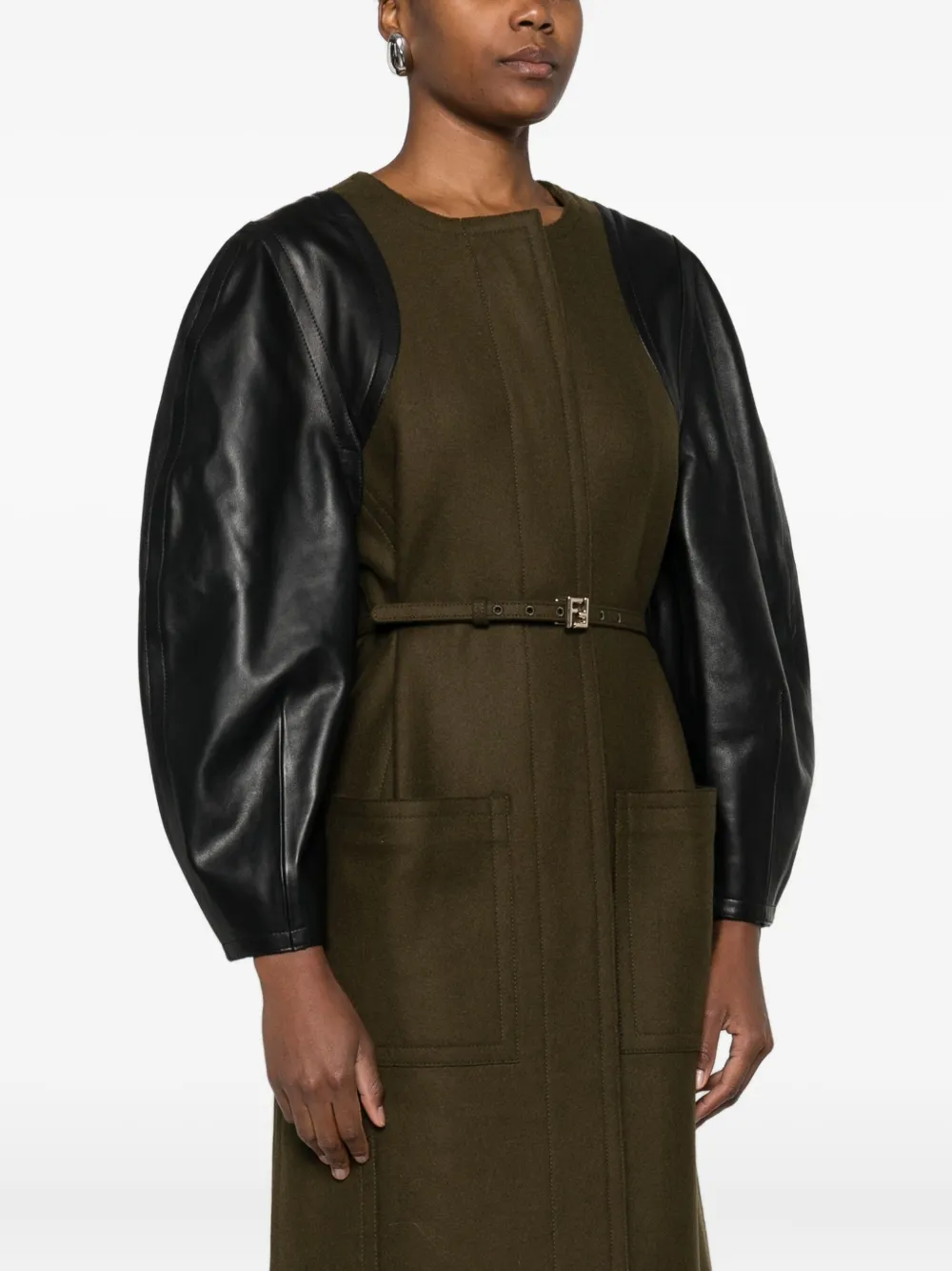 Fendi Felt Wool Cocoon Jacket With Leather-sleeve Belted Waist In Multi