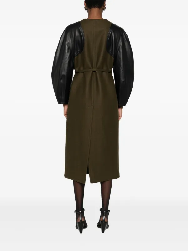 FENDI leather-sleeves Wool Coat | Green | FARFETCH