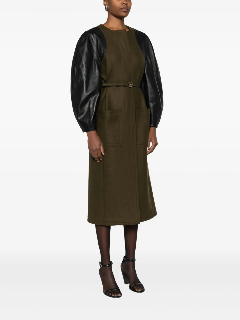  Fendi Leather-sleeves Wool Coat - Green 