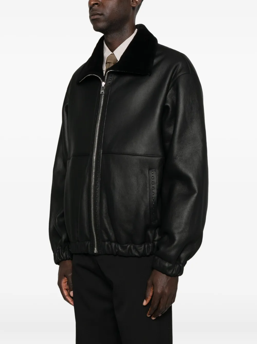 Fendi Leather Bomber Jacket In Black