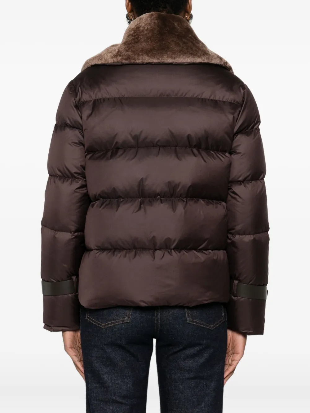 Fendi Women Brown Down Jacket With Shearling Collar And Logo Patch On The Front In Tech Fabric Woman In Brown