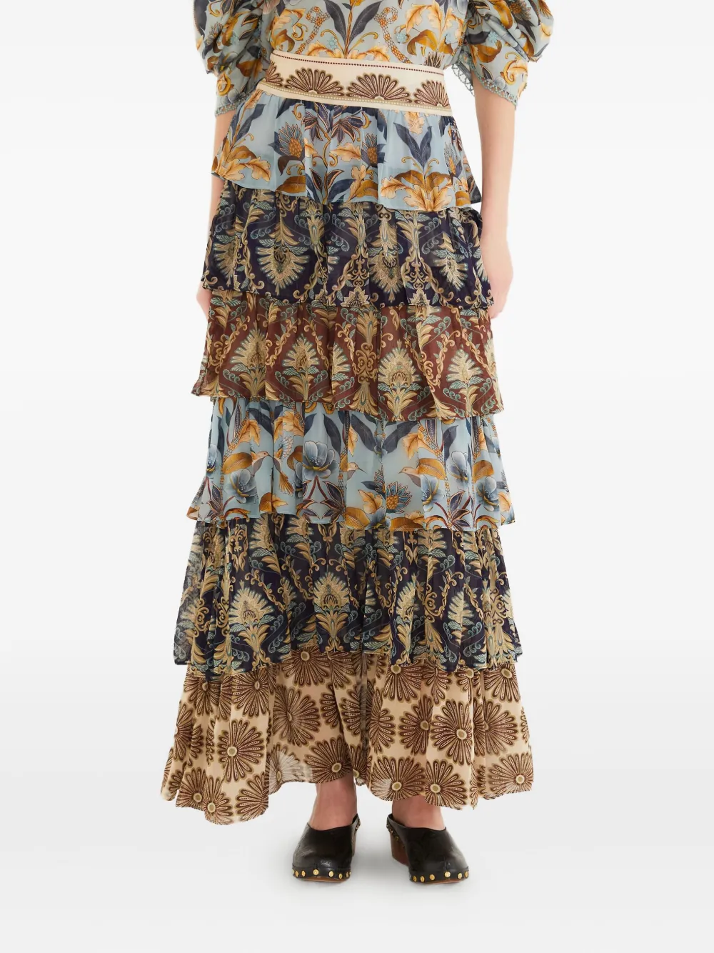 Farm Rio Ruffled Tiered Skirt In Brown