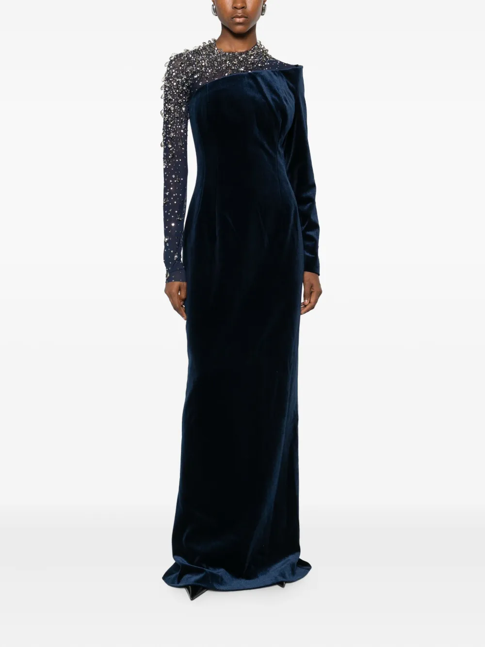 Jean Louis Sabaji Crystal-embellished Asymmetric Gown In Blue