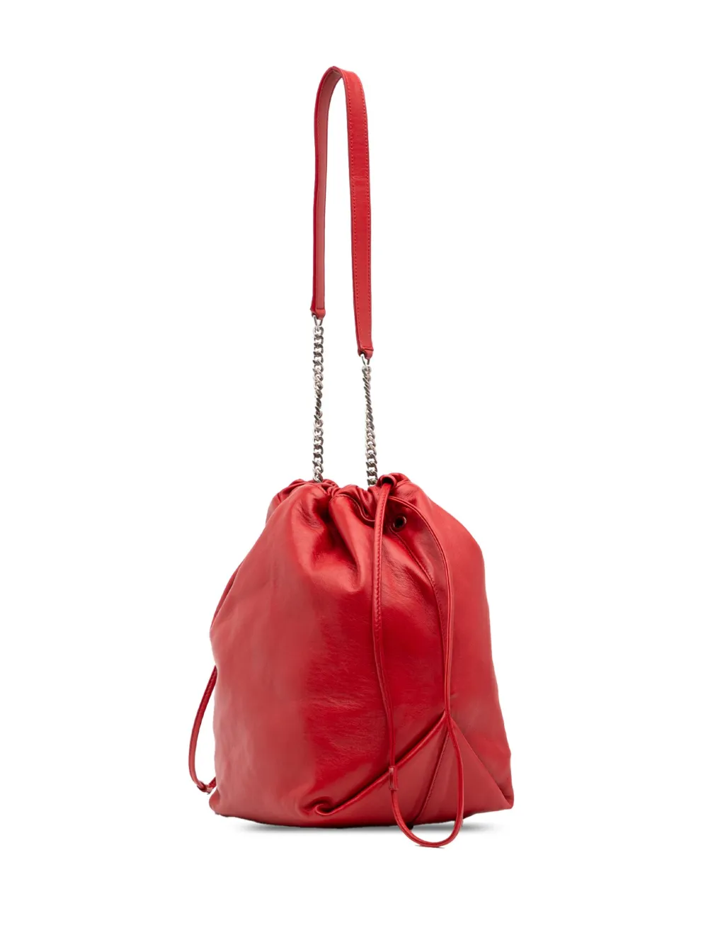 Pre-owned Saint Laurent 2018 Lambskin Teddy Drawstring Bucket Bag In Red
