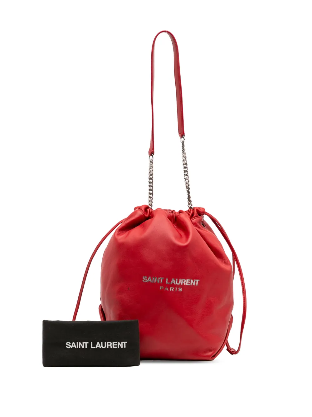 Pre-owned Saint Laurent 2018 Lambskin Teddy Drawstring Bucket Bag In Red