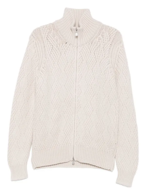 Barba Patterned Zip-up Cardigan in Neutrals