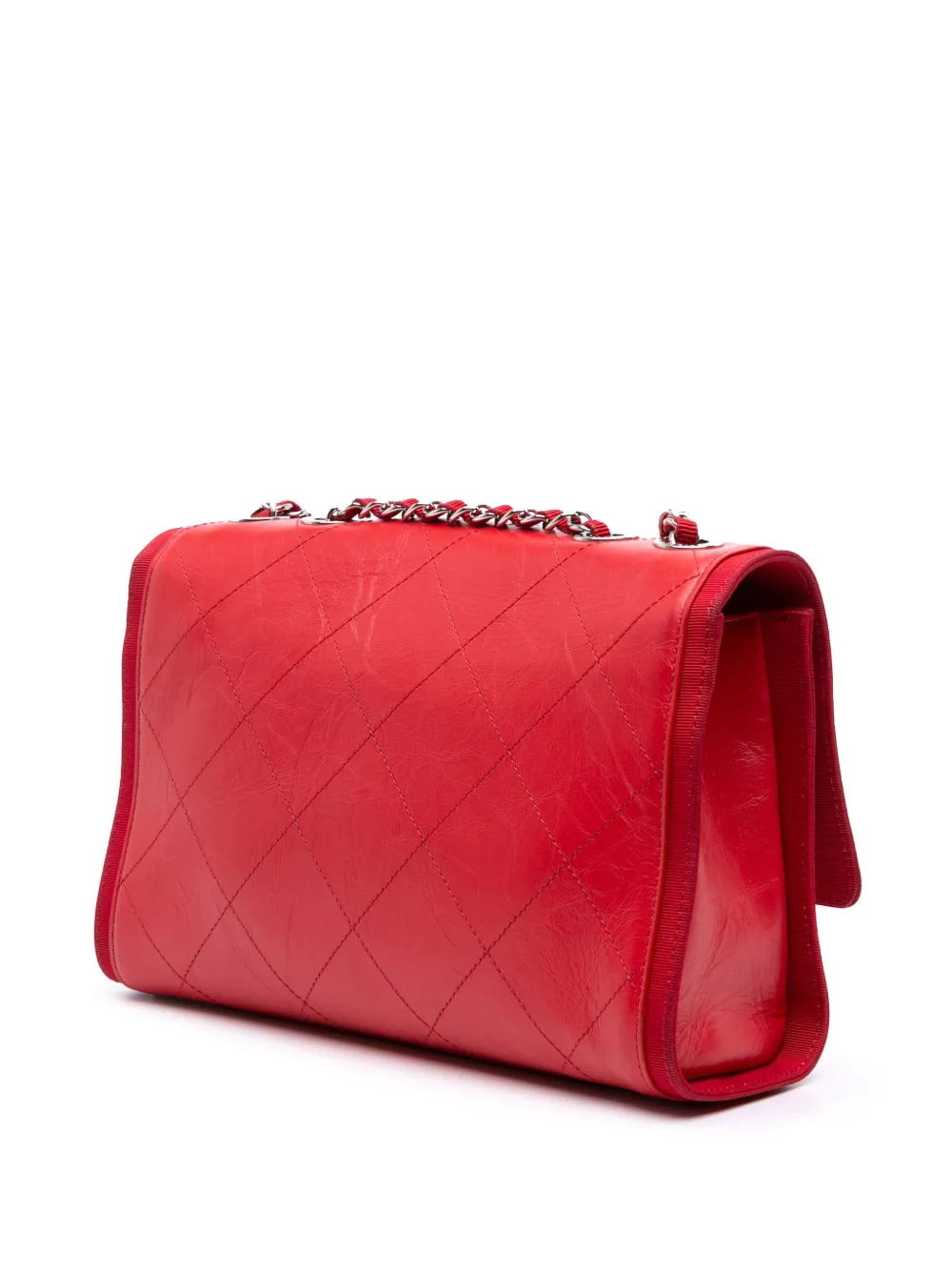 Pre-owned Chanel 2018 Cc Quilted Crumpled Calfskin And Grosgrain Flap Crossbody Bag In Red