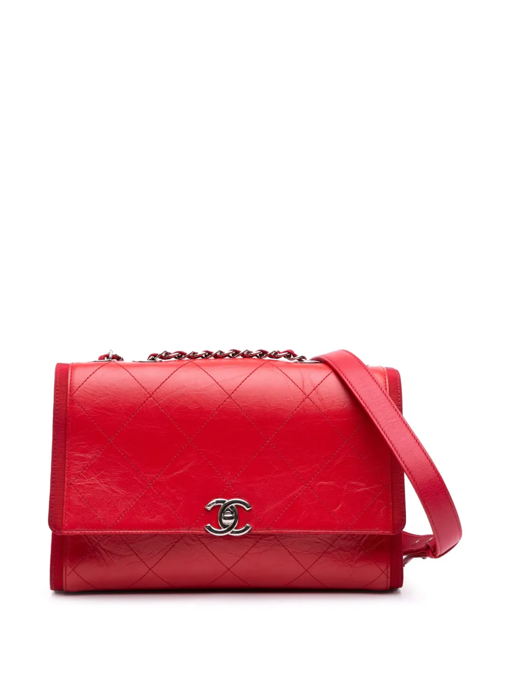 CHANEL Pre-Owned 2018 CC Quilted Crumpled Calfskin and Grosgrain Flap crossbody bag | Red | Image 1