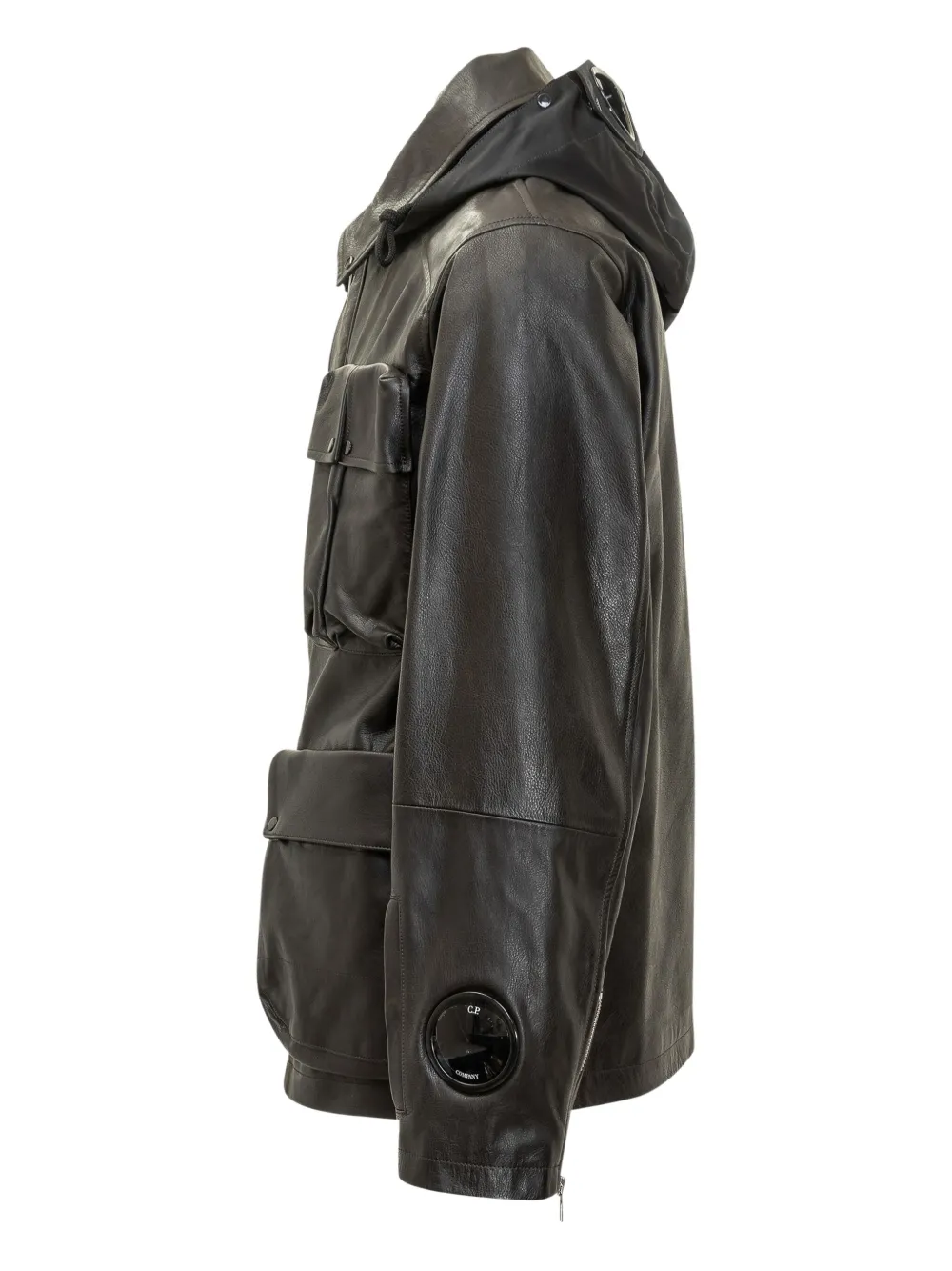 C.p. Company Hooded Medium Leather Jacket In Black