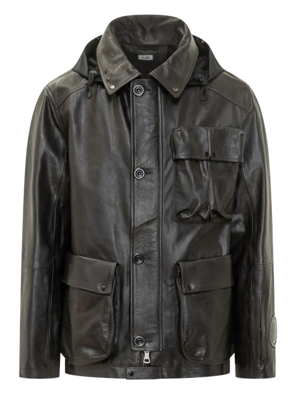 C.p. Company Hooded Medium Leather Jacket In Black
