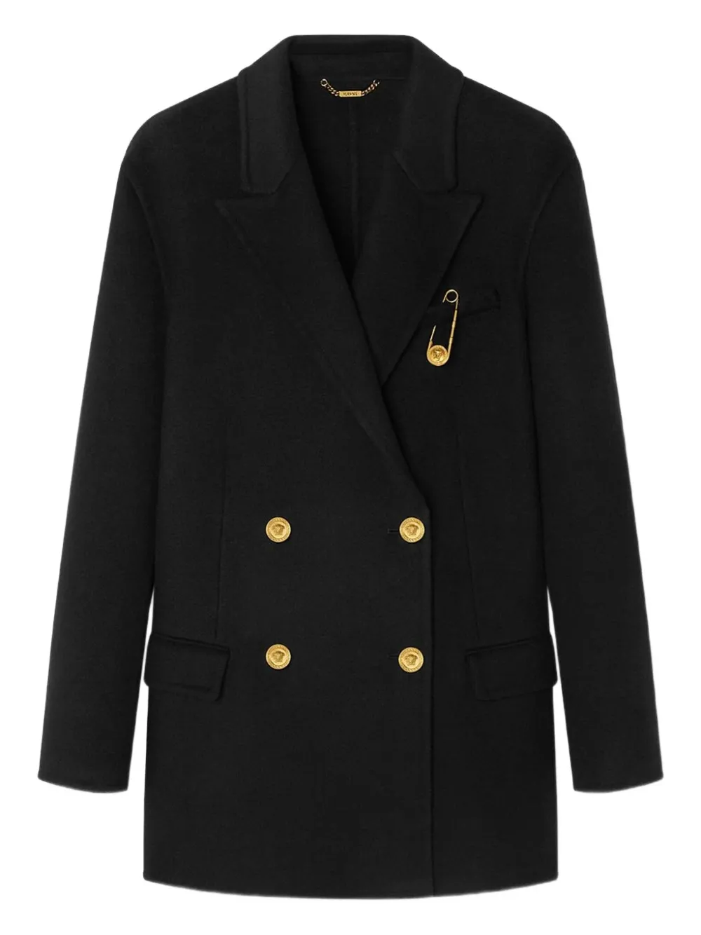 Versace Safety-pin Double-breasted Coat In Black