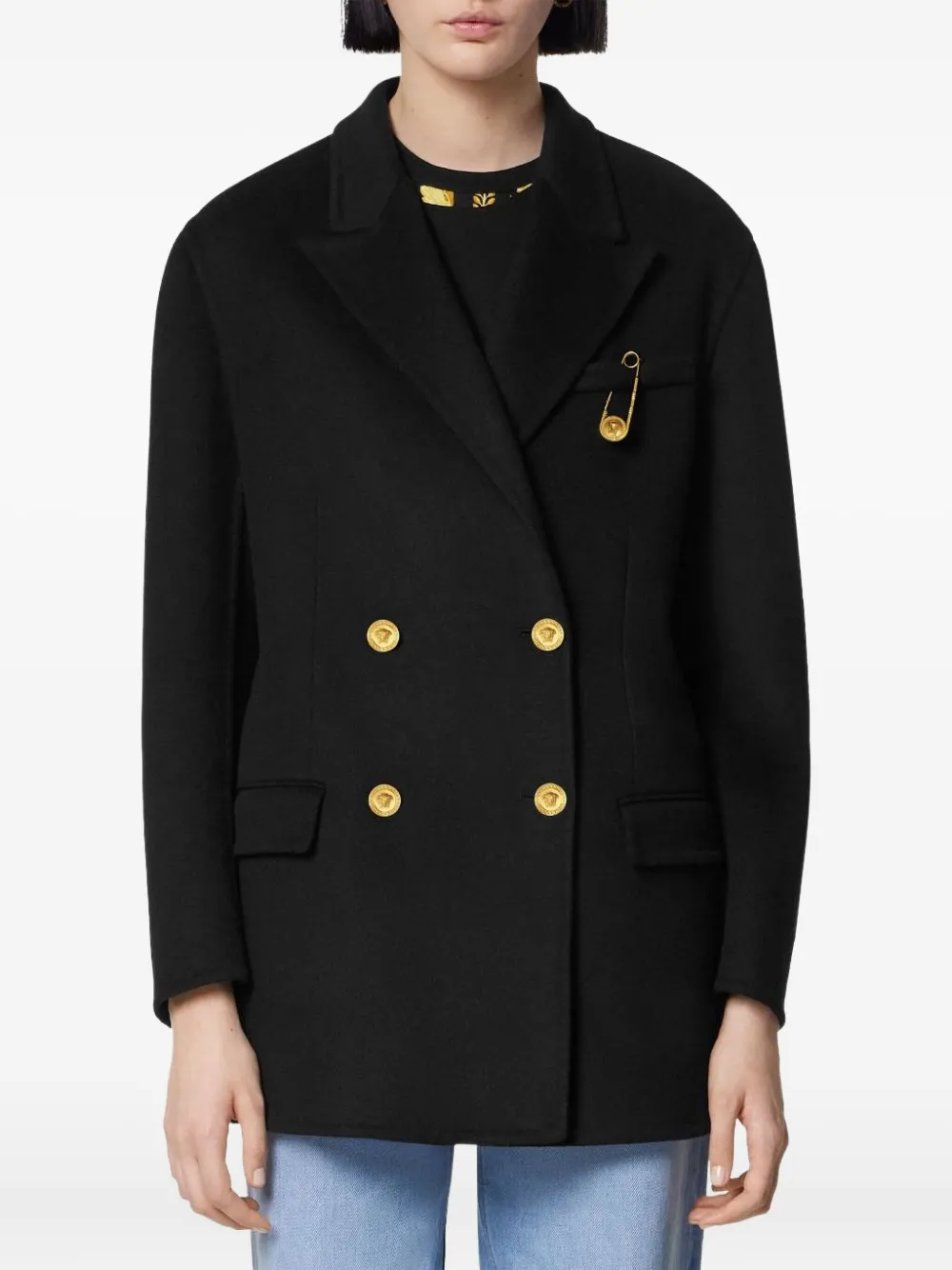 Versace Safety-pin Double-breasted Coat In Black