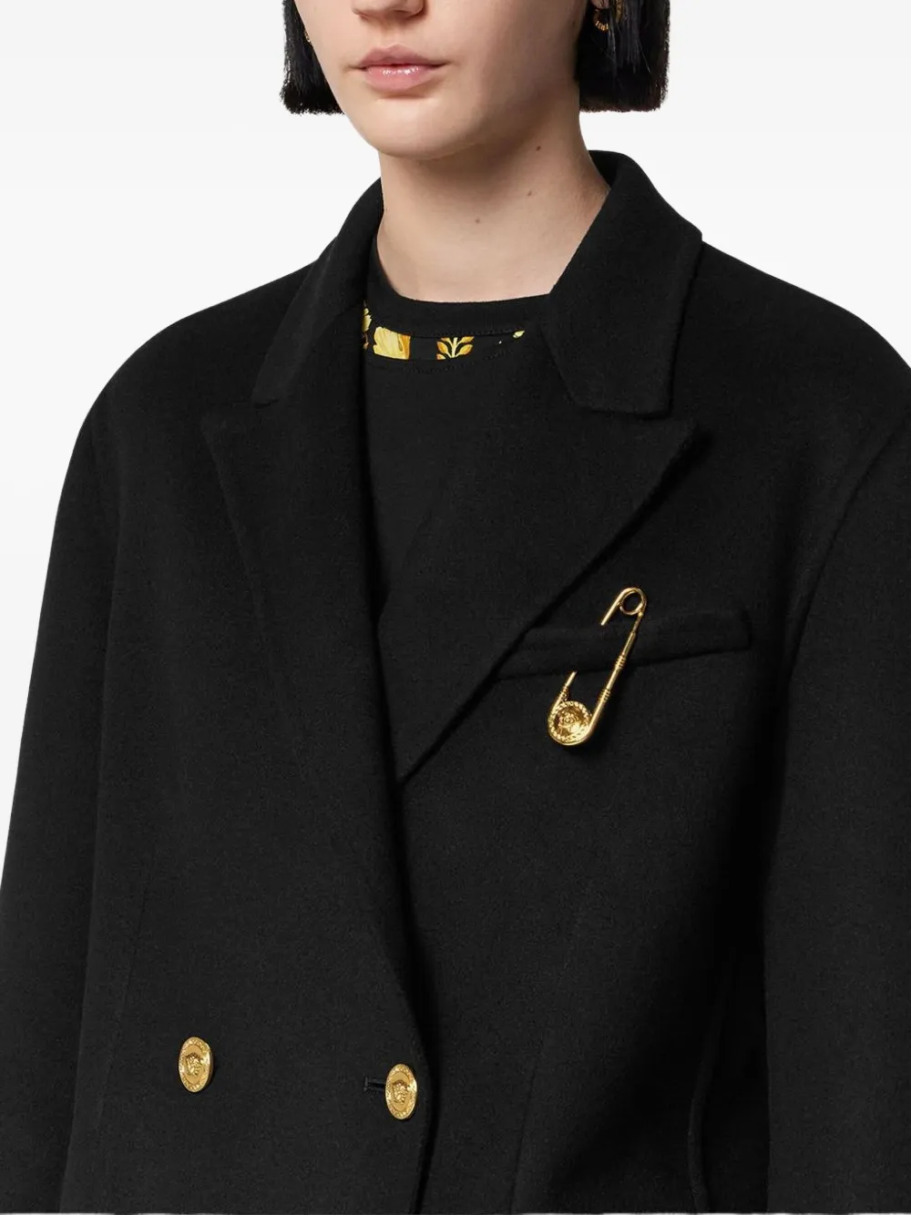 Versace Safety-pin Double-breasted Coat In Black