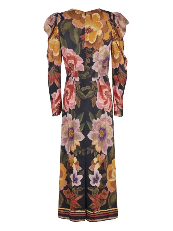 FARM Rio Ruffled Floral Midi Dress | Black | FARFETCH