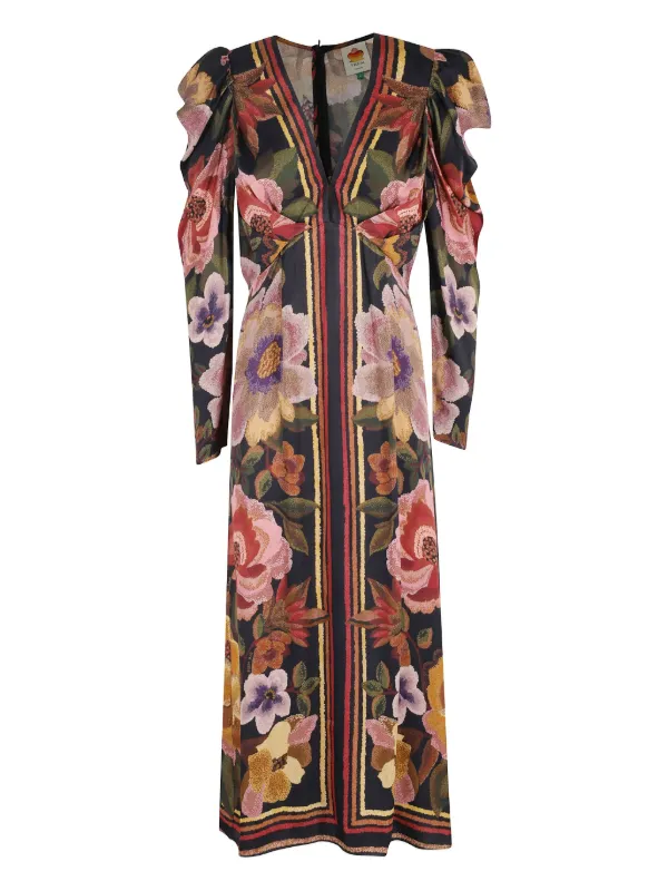 FARM Rio Ruffled Floral Midi Dress | Black | FARFETCH