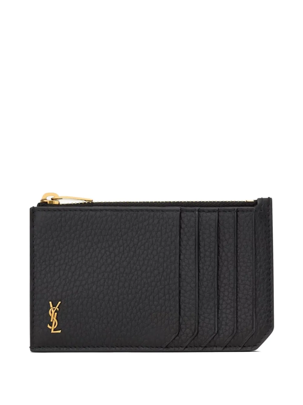 Saint Laurent Tiny Cassandre Fragments Zip Card Case In Grained Leather In Black