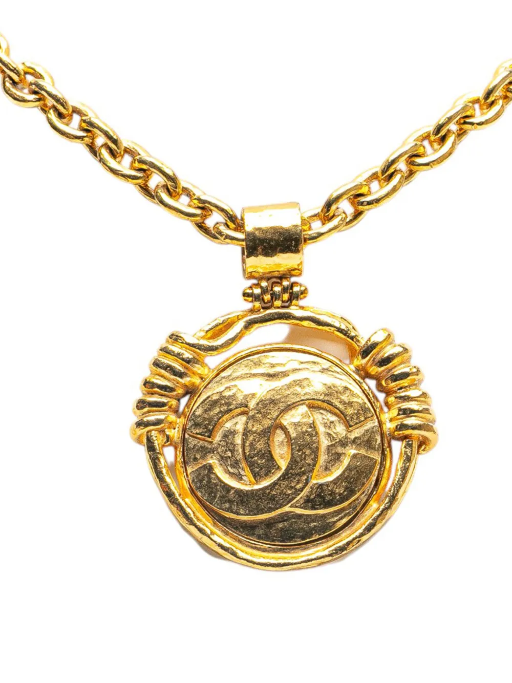 Pre-owned Chanel 1994 Gold Plated Cc Round Mirror Pendant Necklace Costume Necklace