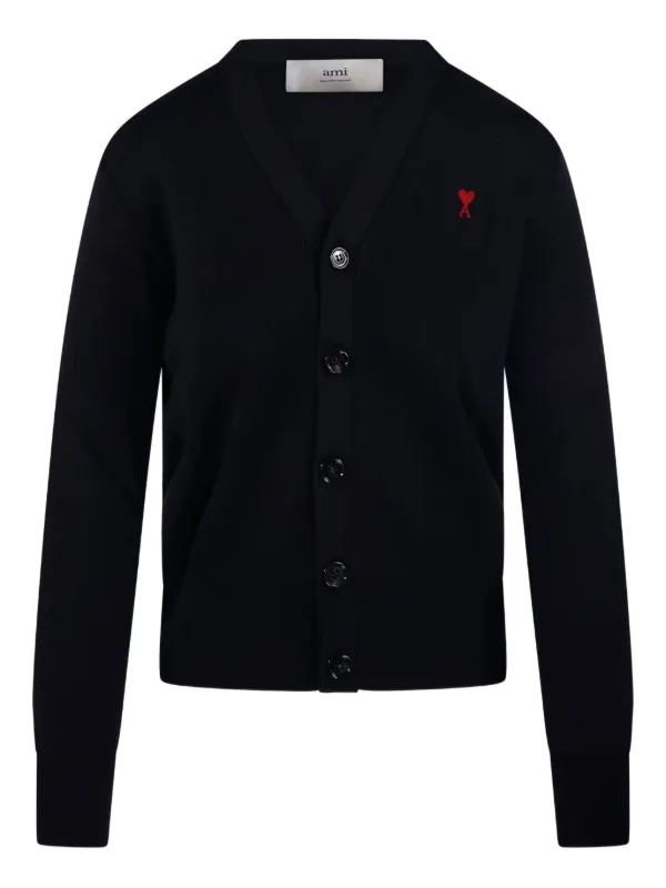 Ami Paris Ami De Coeur-logo Embroidered Cardigan in Black